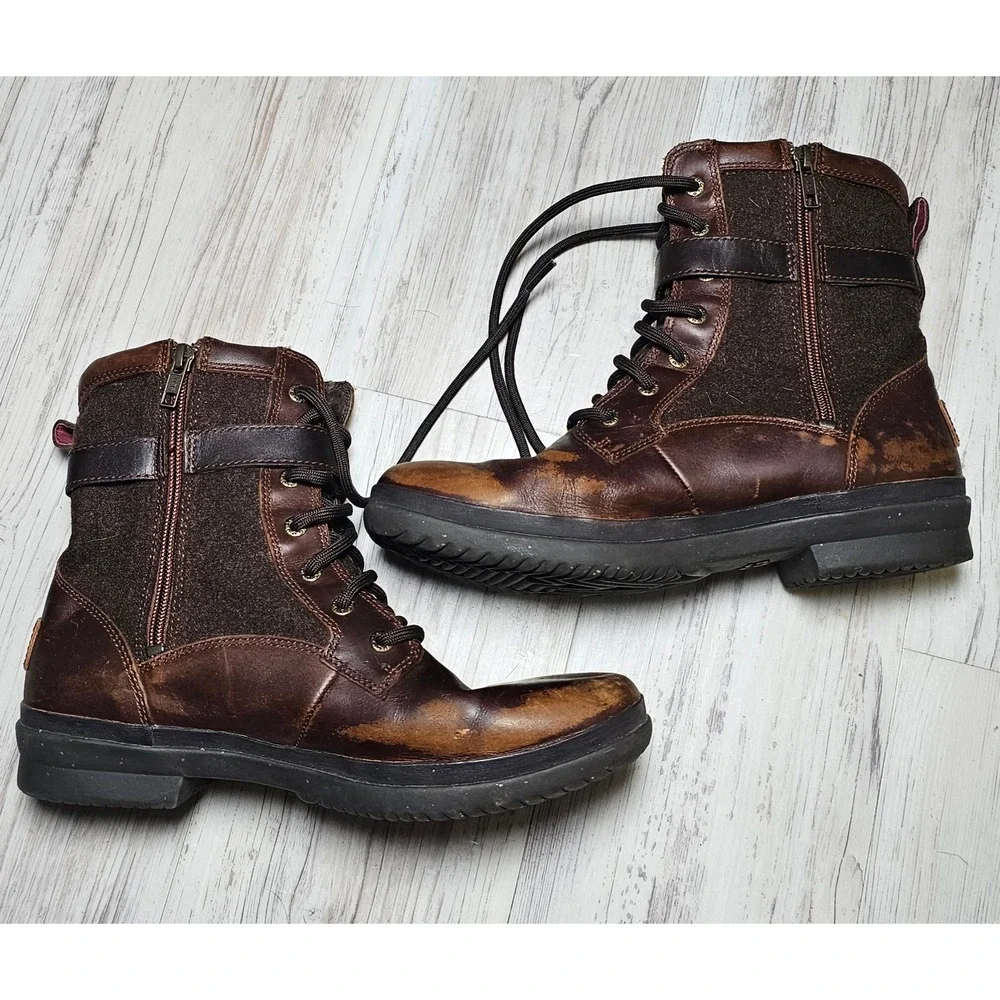 UGG Waterproof Brown Leather Wool Lined Boots Men's 9.5 Zip Lace Up Combat Style